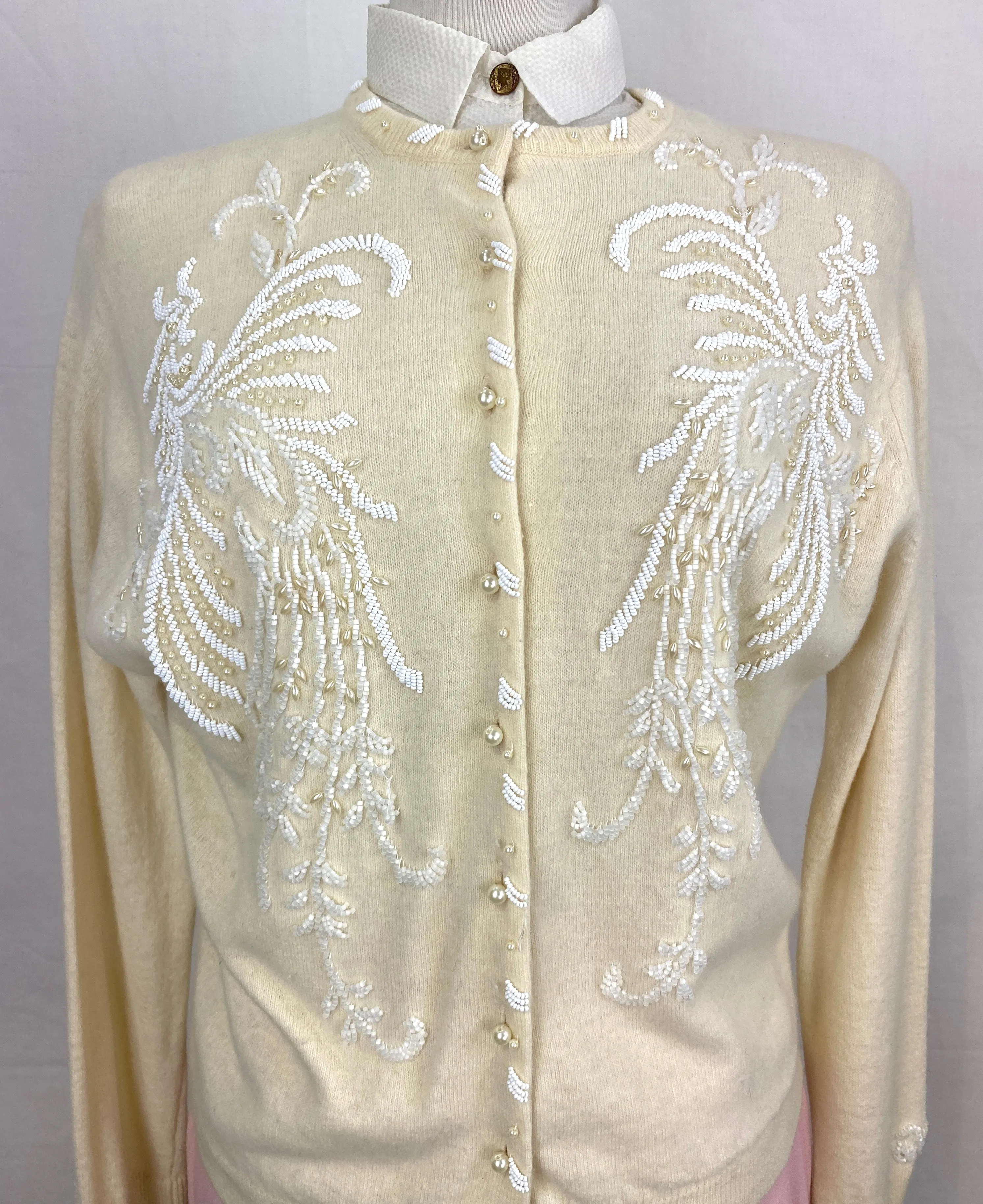 Vintage 1960s Cream Beaded Wool Cardigan, Large