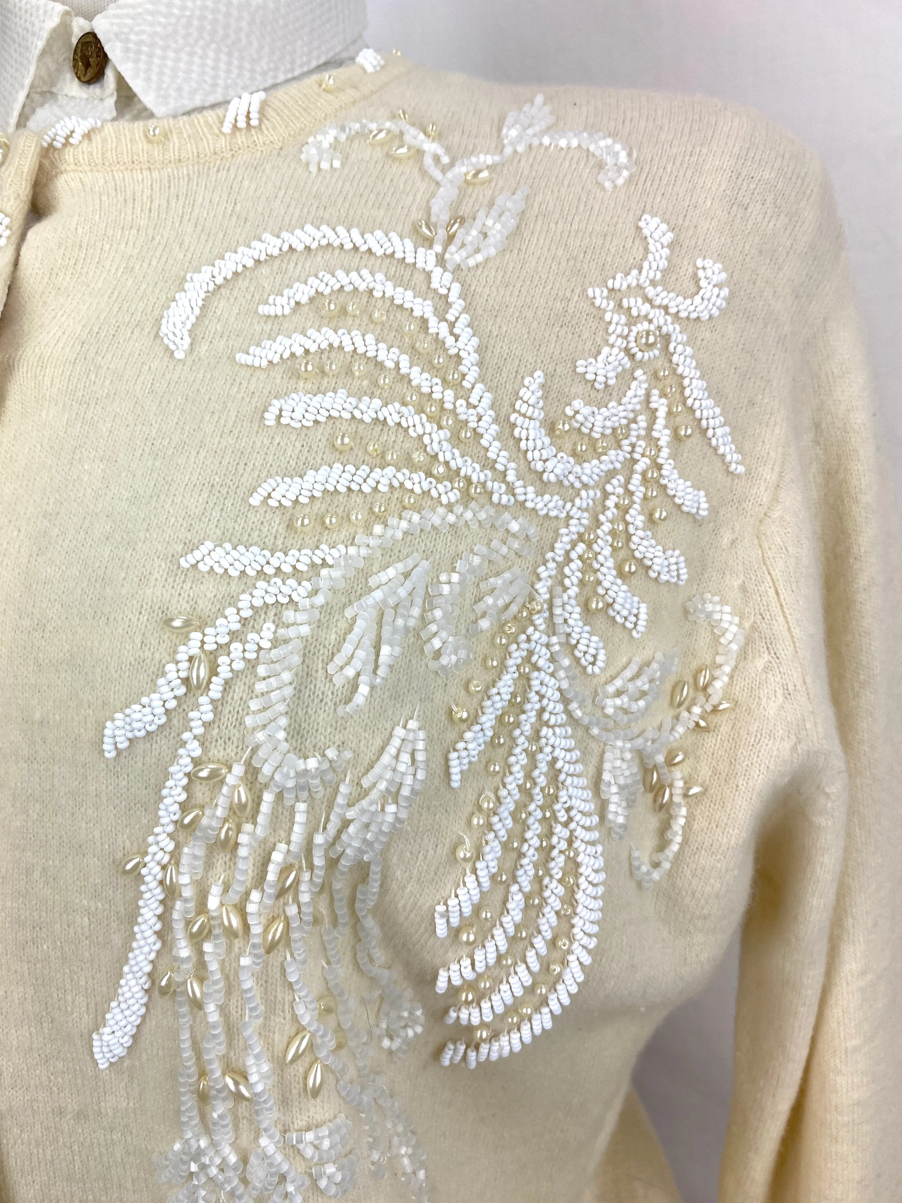 Vintage 1960s Cream Beaded Wool Cardigan, Large