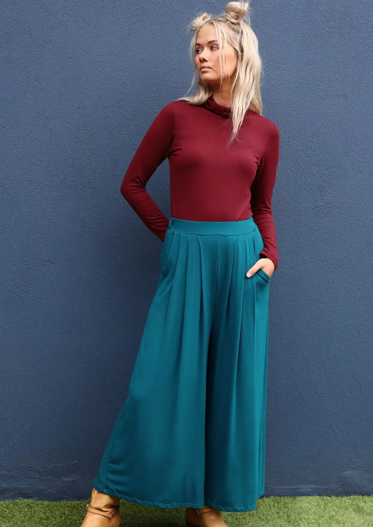 Wide Leg Stretch Pocket Pants Teal