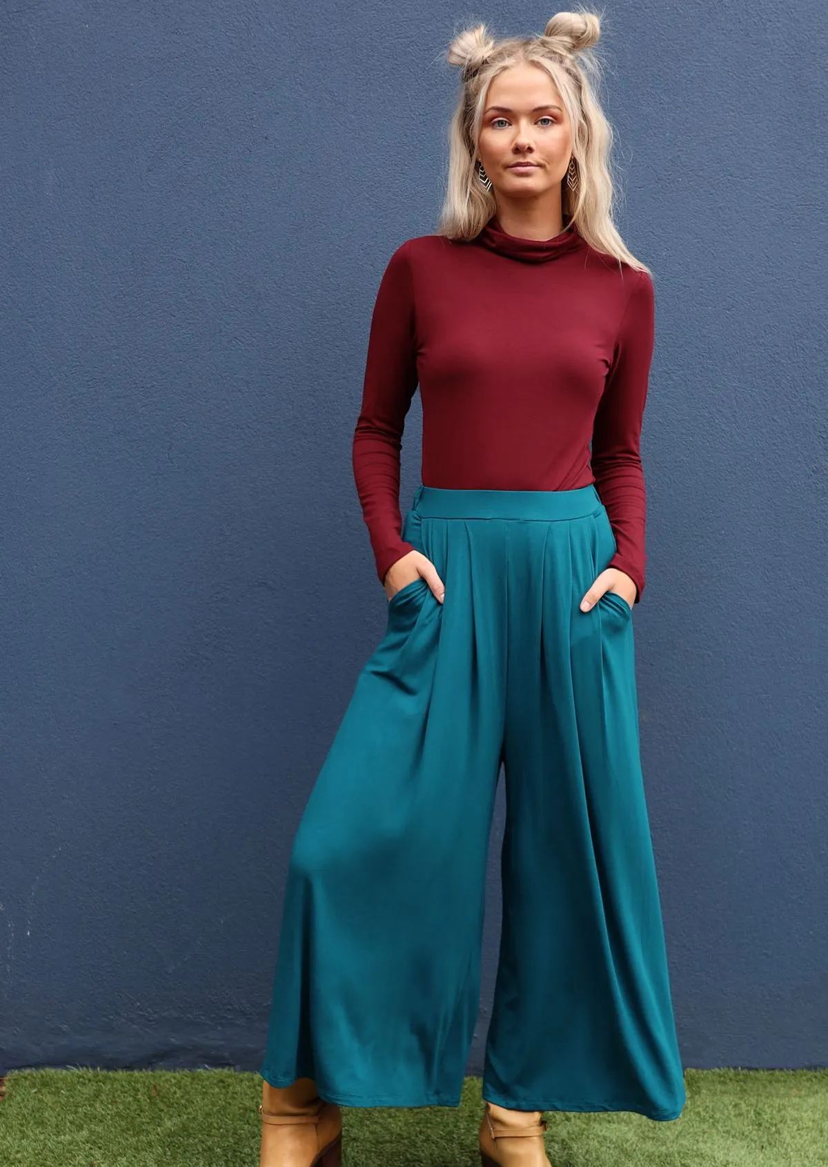 Wide Leg Stretch Pocket Pants Teal