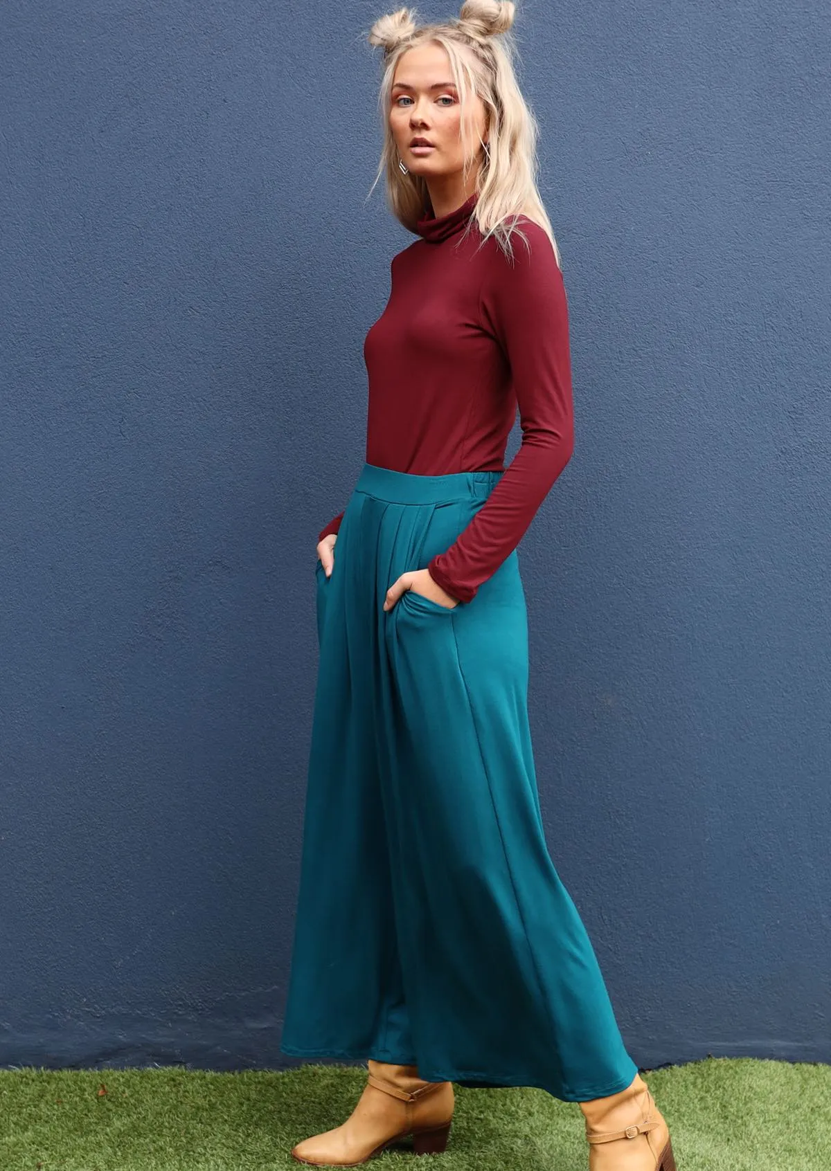 Wide Leg Stretch Pocket Pants Teal