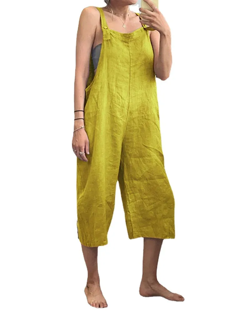 Wide-Legged Women Solid Color Sleeveless Side Pockets Strap Jumpsuit