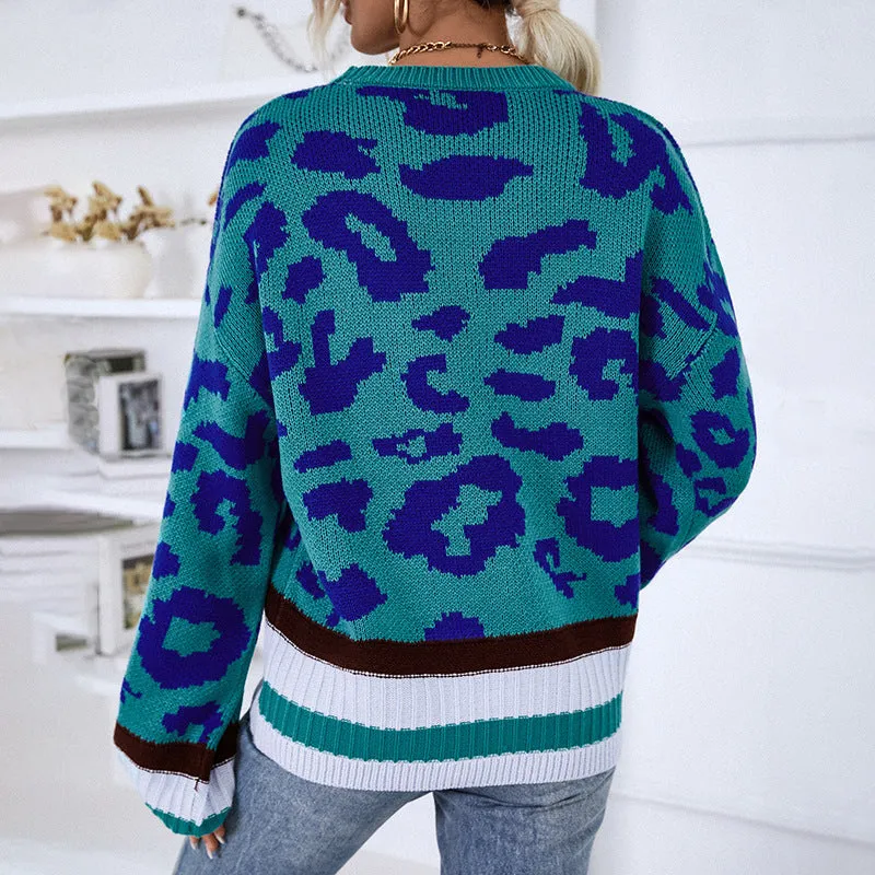 Women Sweaters Kniting Round Collar Pullover Bicolor Leopard Patterns