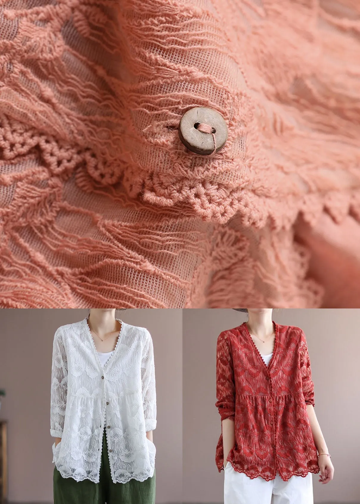 Women White V Neck Embroideried Lace Cardigans Tops Spring