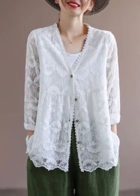 Women White V Neck Embroideried Lace Cardigans Tops Spring