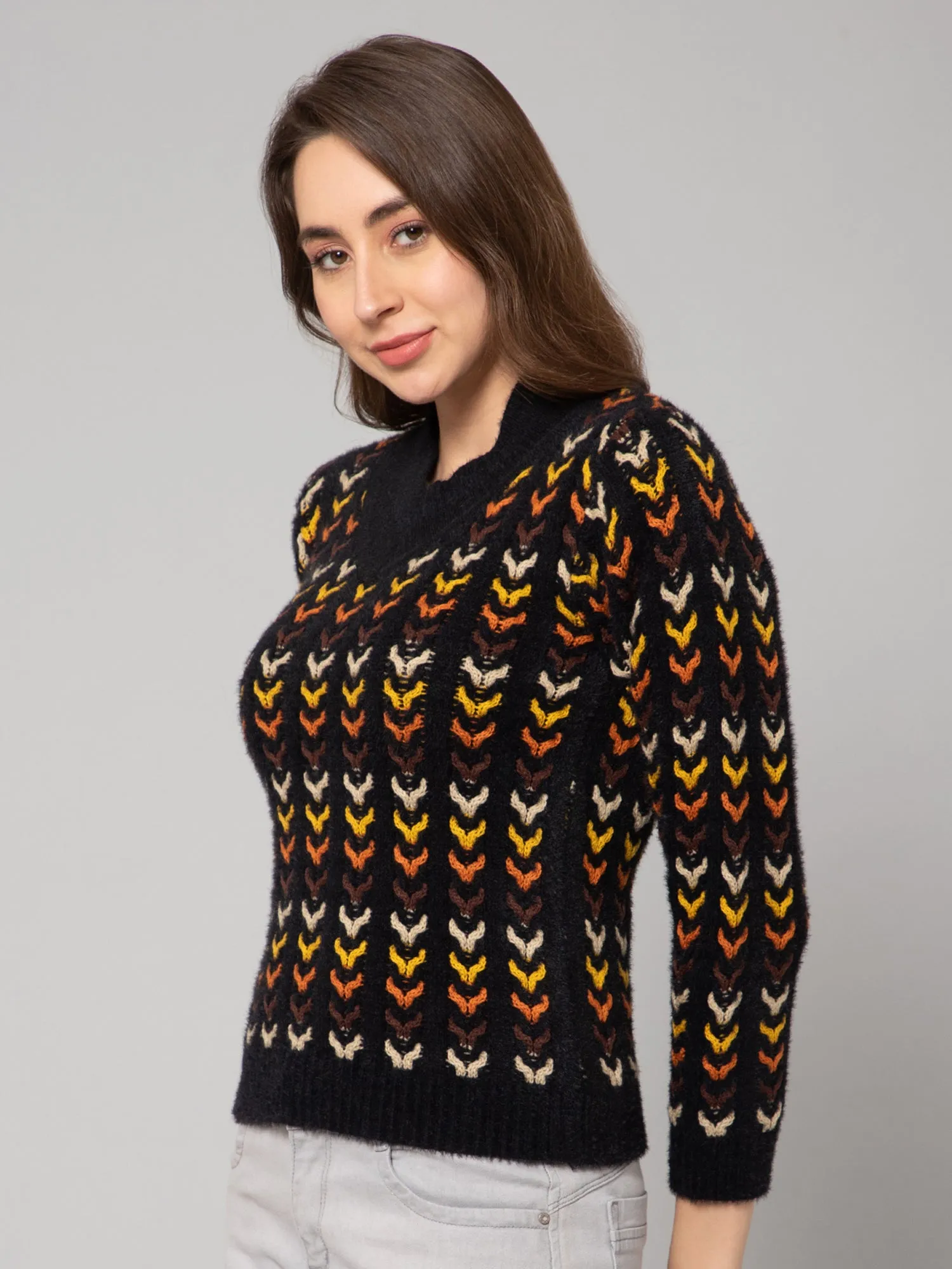 Women's Casual  Black V neck Pullover Sweater