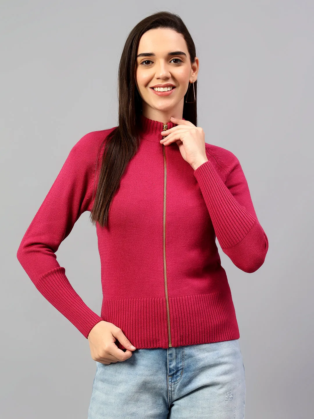 Women's Solid Dark Pink Full Sleeve Casual Sweater