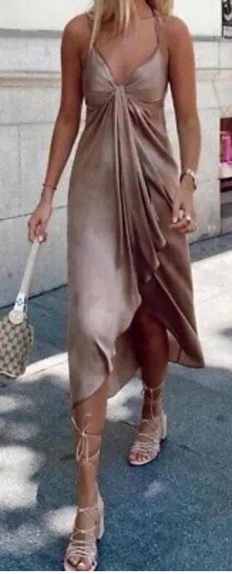 Zara Beige Satin Midi Dress